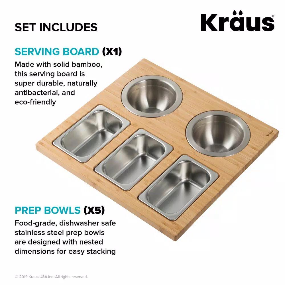 Kraus Workstation Kitchen Sink Accessory Set - Bamboo Serving Board & 5 Stainless Steel Prep Bowls