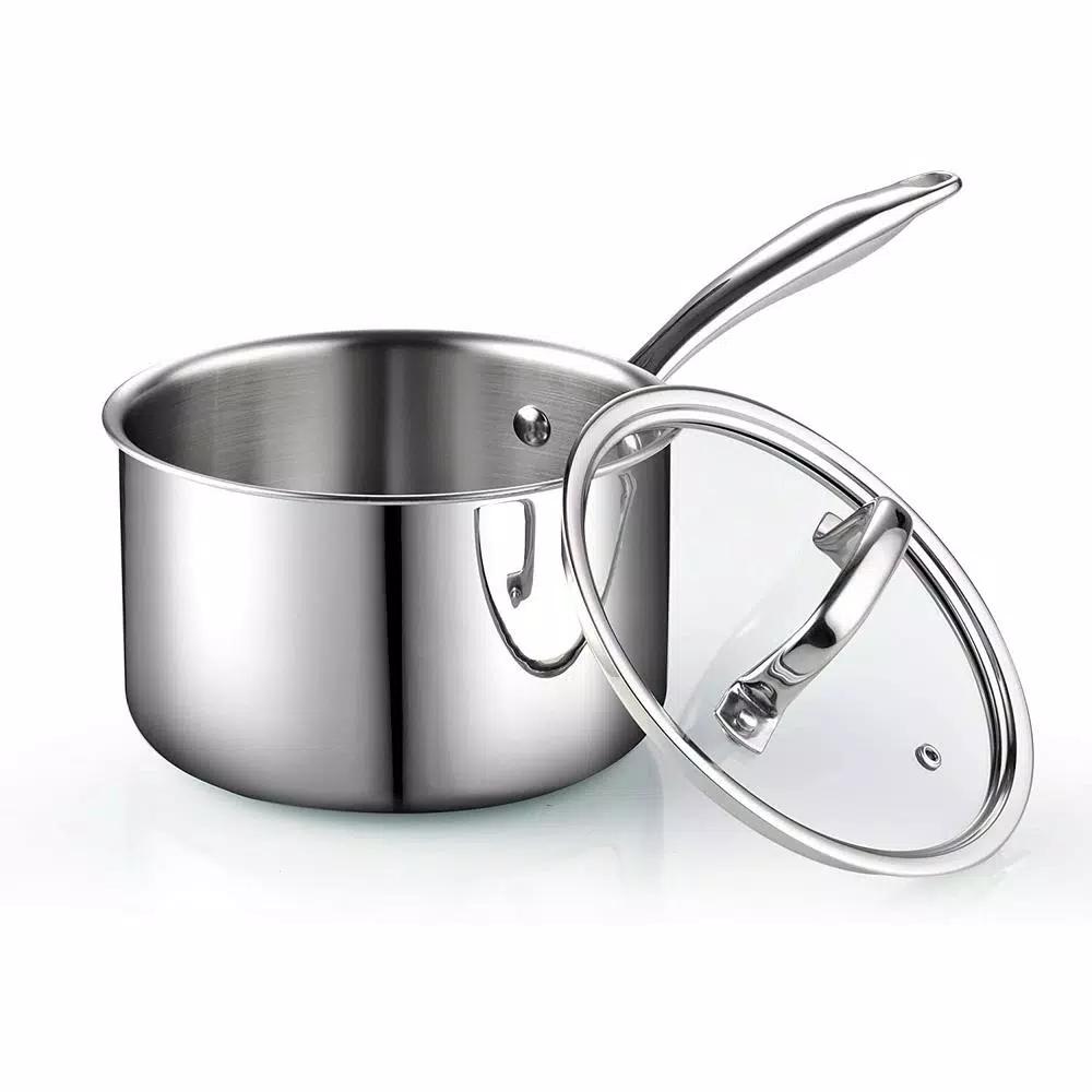 Cook N Home 3 qt. Tri-Ply Clad Stainless Steel Sauce Pan with Tempered Glass Lid