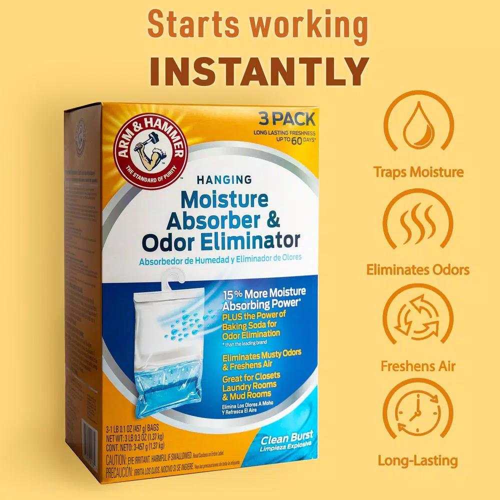 Arm & Hammer Hanging Moisture Absorber and Odor Eliminator, Clean Burst Scent, 16 oz (3-Pack)
