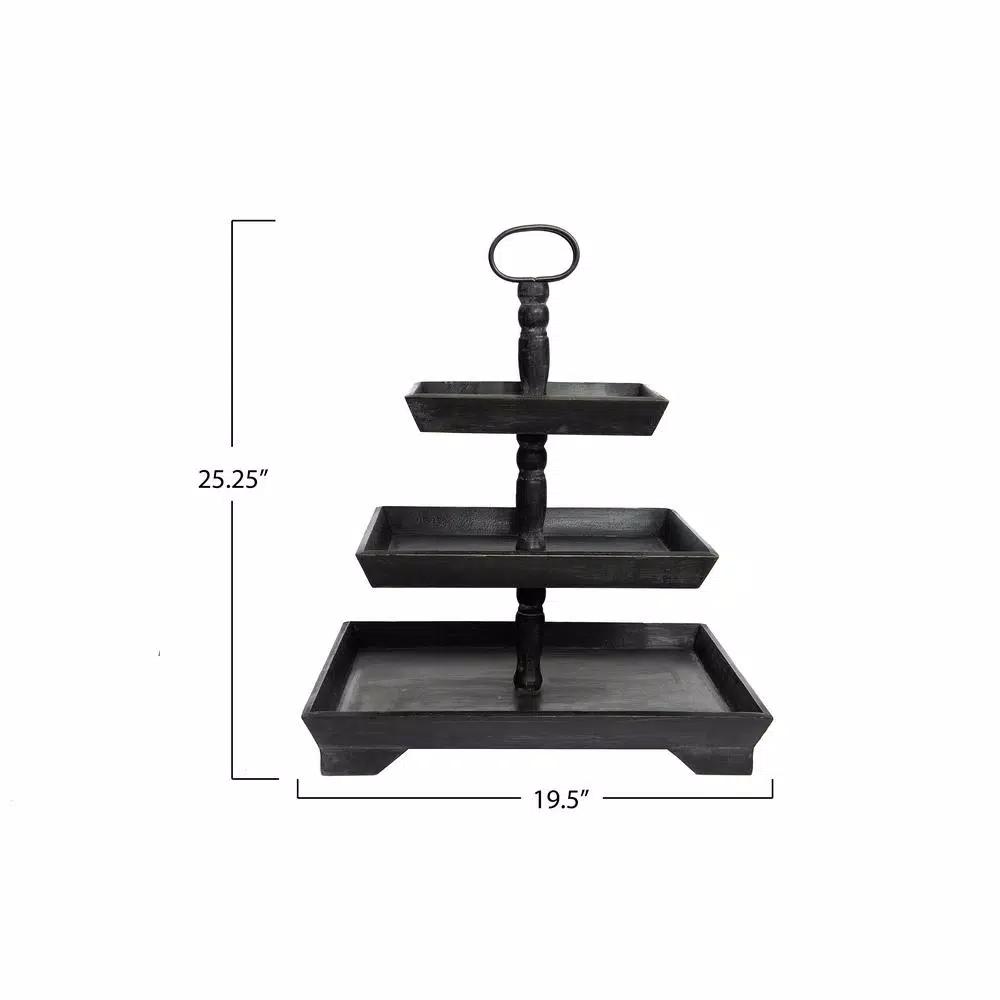 3R Studios Black Wood Three Tier Decorative Tray with Handles