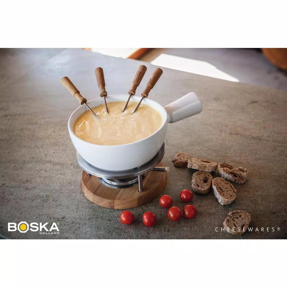 Boska Exclusive Collection 6-Piece Ceramic Fondue Set with Oak Base - White