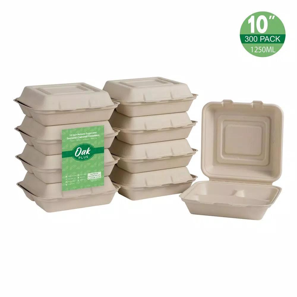 Unbranded 10 in. Natural Sugarcane 3-Compartment Clamshell Containers, 300 Pack