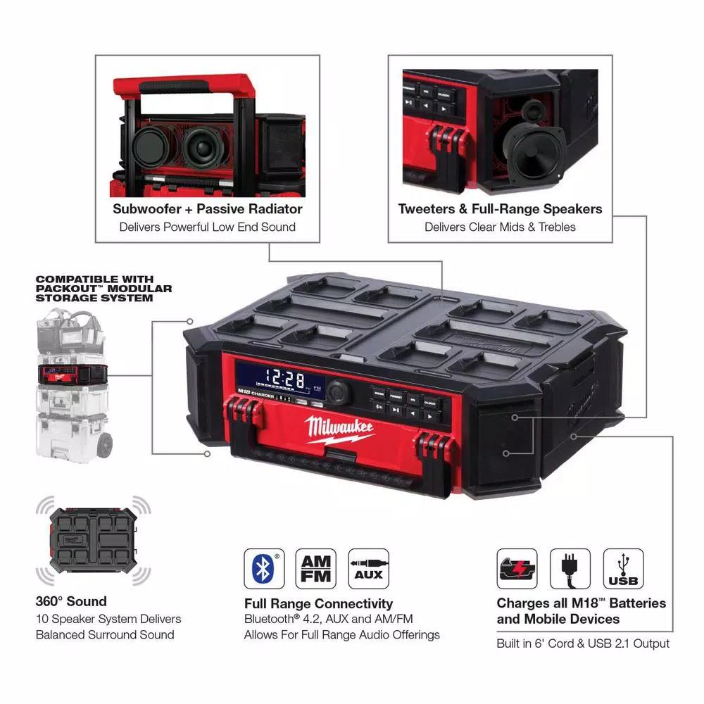 Milwaukee M18 PACKOUT Radio/Speaker with Charger, 22 in. Rolling Tool Box & 16 Qt. Cooler Kit