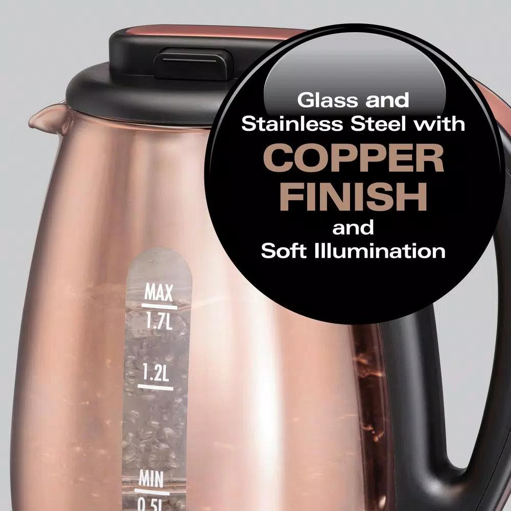 Hamilton Beach 1.7L Glass Electric Kettle with Copper Stainless Steel Base, 1500W Rapid Boil