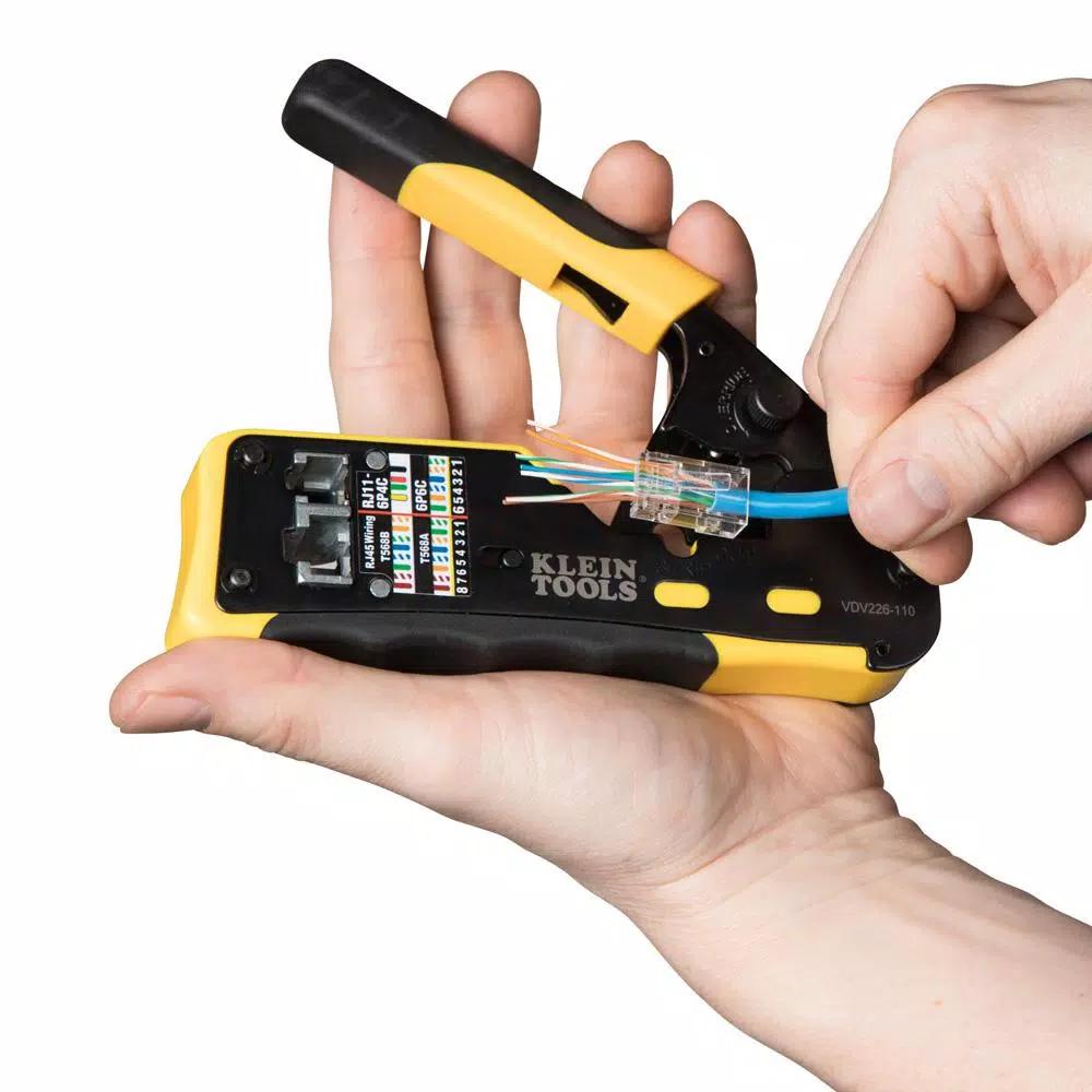 Klein Tools CAT6 Pass-Thru Modular Crimper, Radial Stripper, and 20-Pack Connector Set