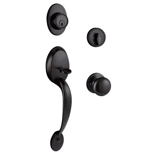 Design House Coventry Matte Black Entry Door Handleset with Cambridge Interior Knob and Single Cylinder Deadbolt