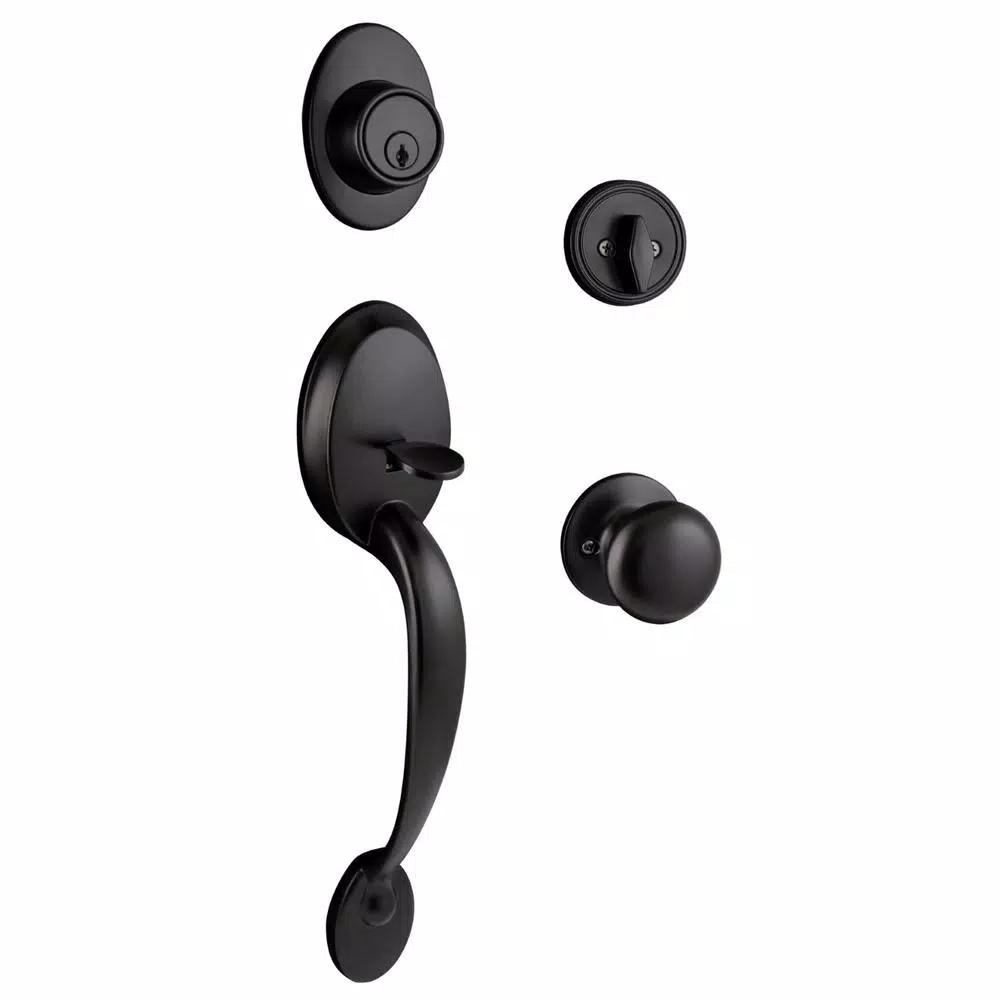 Design House Coventry Matte Black Entry Door Handleset with Cambridge Interior Knob and Single Cylinder Deadbolt