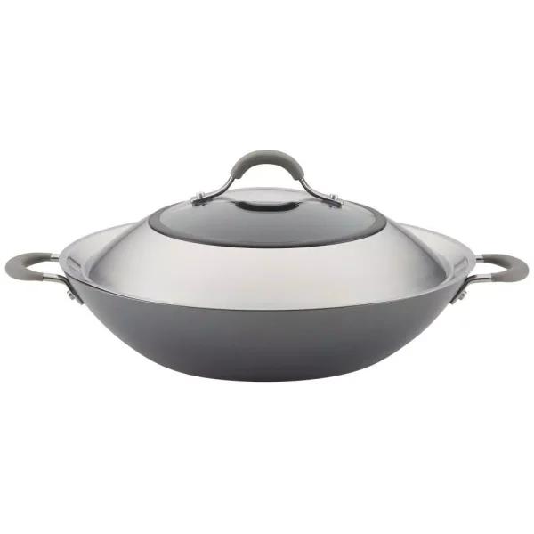 Circulon Elementum 14-Inch Hard-Anodized Nonstick Covered Wok with Side Handles, Oyster Gray