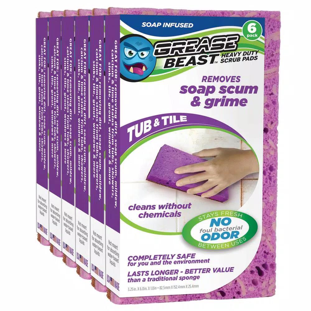 Grease Beast Heavy-Duty Soap-Infused Tub and Tile Scrub Sponge, X-Large, Odor and Bacteria Resistant (6-Pack)