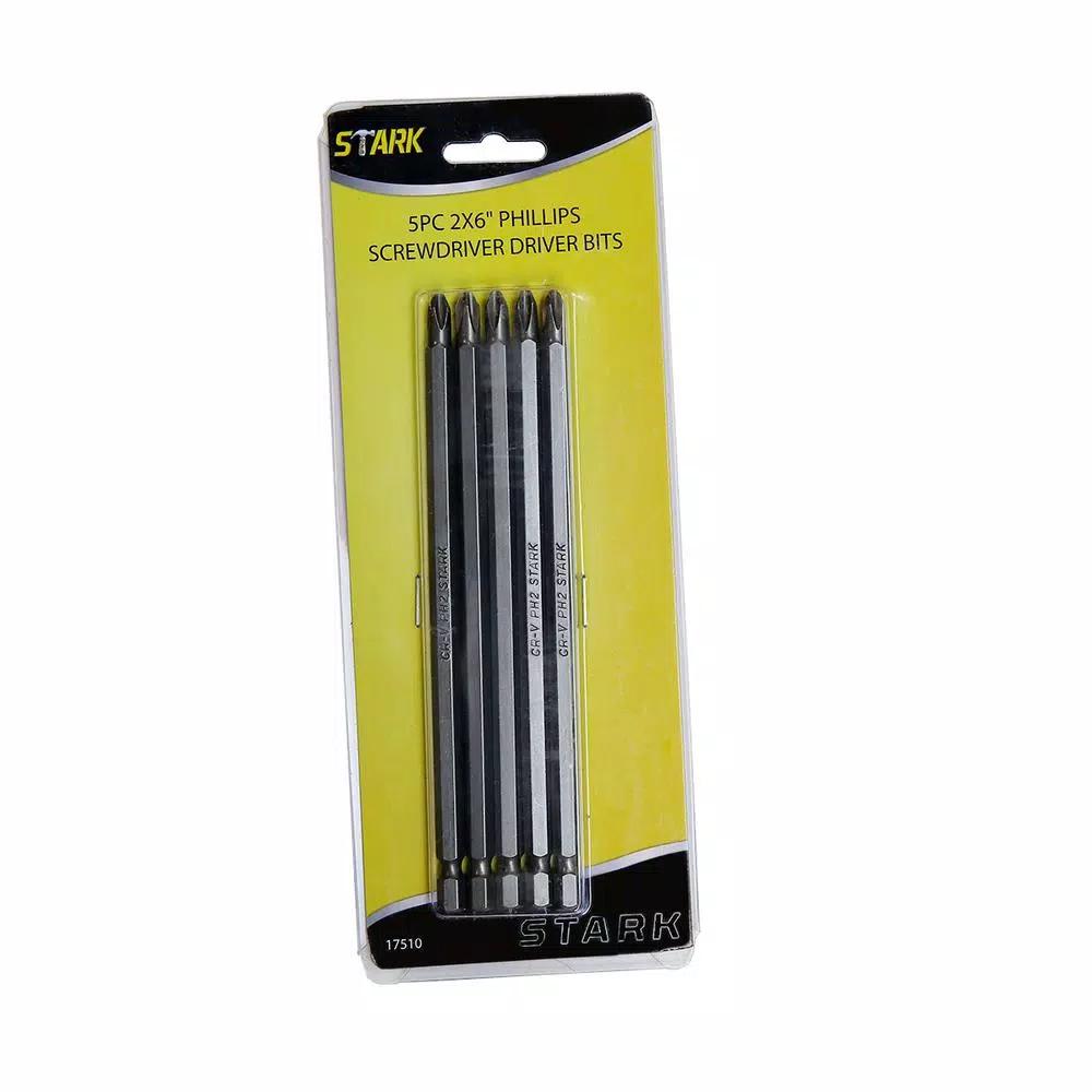 STARK USA Stark 6 in. Phillips Screwdriver Bit Set, Extra-Long Magnetic S2 Steel Bits, 1/4 in. Hex Shank (5-Pack)