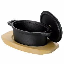 Gibson Home Campton 0.35 qt. Oval Cast Iron Mini Casserole Dish with Lid and Wood Base, Black thumbnail 4