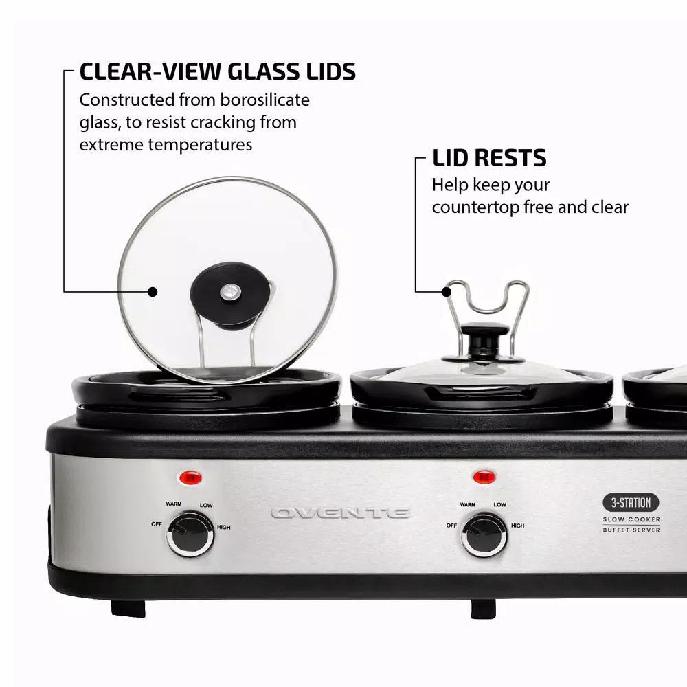 OVENTE 3-Station Slow Cooker and Buffet Server, 4.5 Qt. Silver Stainless Steel