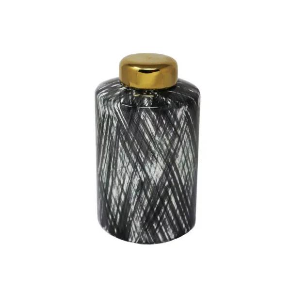 Benjara Black and White Ceramic Lidded Ginger Jar with Criss Cross Pattern and Gold Lid