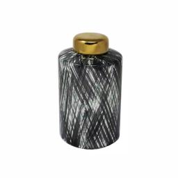 Benjara Black and White Ceramic Lidded Ginger Jar with Criss Cross Pattern and Gold Lid thumbnail 1
