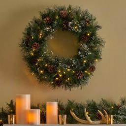 Noble House 24 in. Pre-Lit LED Artificial Christmas Wreath with Snowy Branches and Pinecones, Warm White thumbnail 4