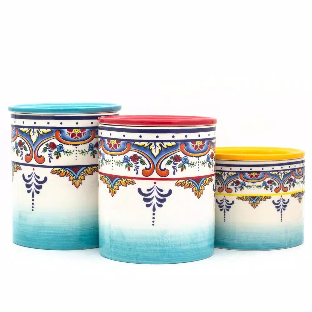 Euro Ceramica Zanzibar 3-Piece Ceramic Canister Set - Multicolor Earthenware Kitchen Jars