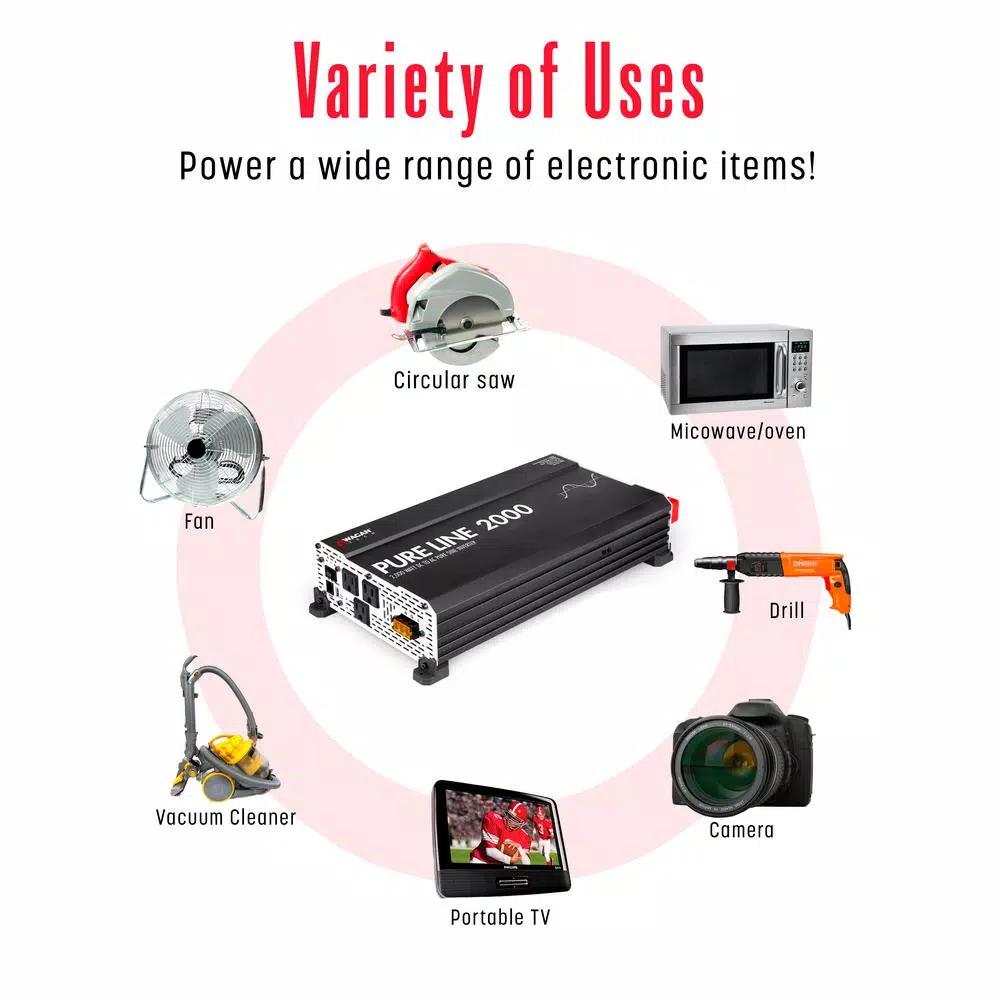 Wagan Tech Pure Line 2000-Watt Pure Sine Wave Inverter, 4000-Watt Peak, 12V DC to 120V AC, ETL Certified