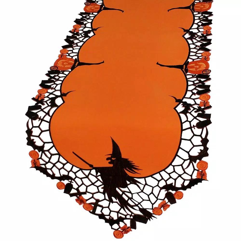 Xia Home Fashions Witch Embroidered Cutwork Halloween Table Runner, Orange Polyviscose, 15 in. x 54 in.