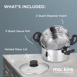 Mockins 3-Piece Stainless Steel Steamer Pot Set with 3 Qt. Saucepot and 2 Qt. Steamer Insert thumbnail 3