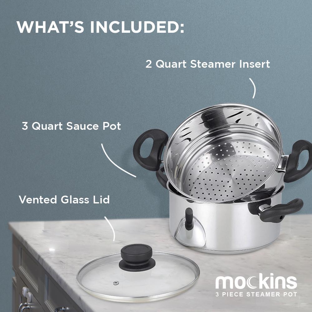 Mockins 3-Piece Stainless Steel Steamer Pot Set with 3 Qt. Saucepot and 2 Qt. Steamer Insert