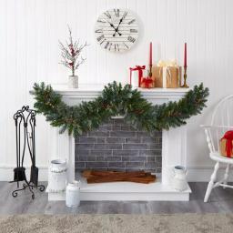 Nearly Natural 6 ft. Pre-Lit Flocked Artificial Christmas Pine Garland with 50 Multi-Colored LED Lights and Berries thumbnail 4