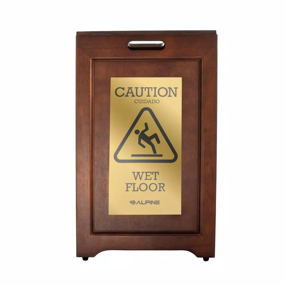 Alpine Industries 24 in. 2-Sided Brass Plated Wooden Bilingual Wet Floor Sign