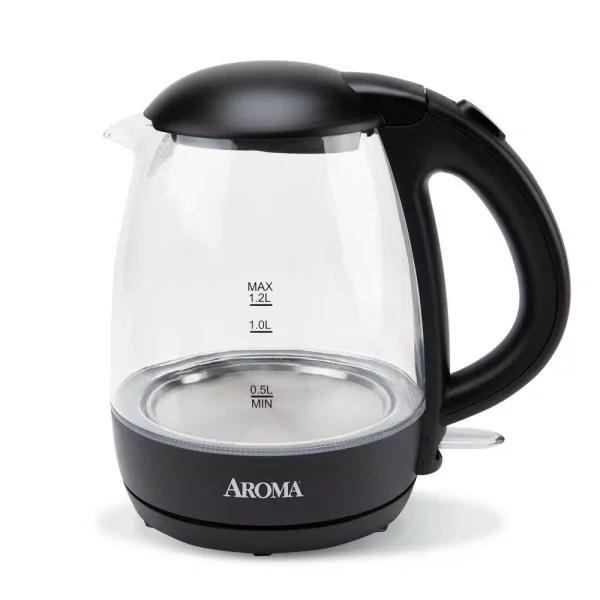 AROMA 5-Cup Black Glass Electric Kettle, 1.2L Cordless Pouring with Automatic Shut-Off