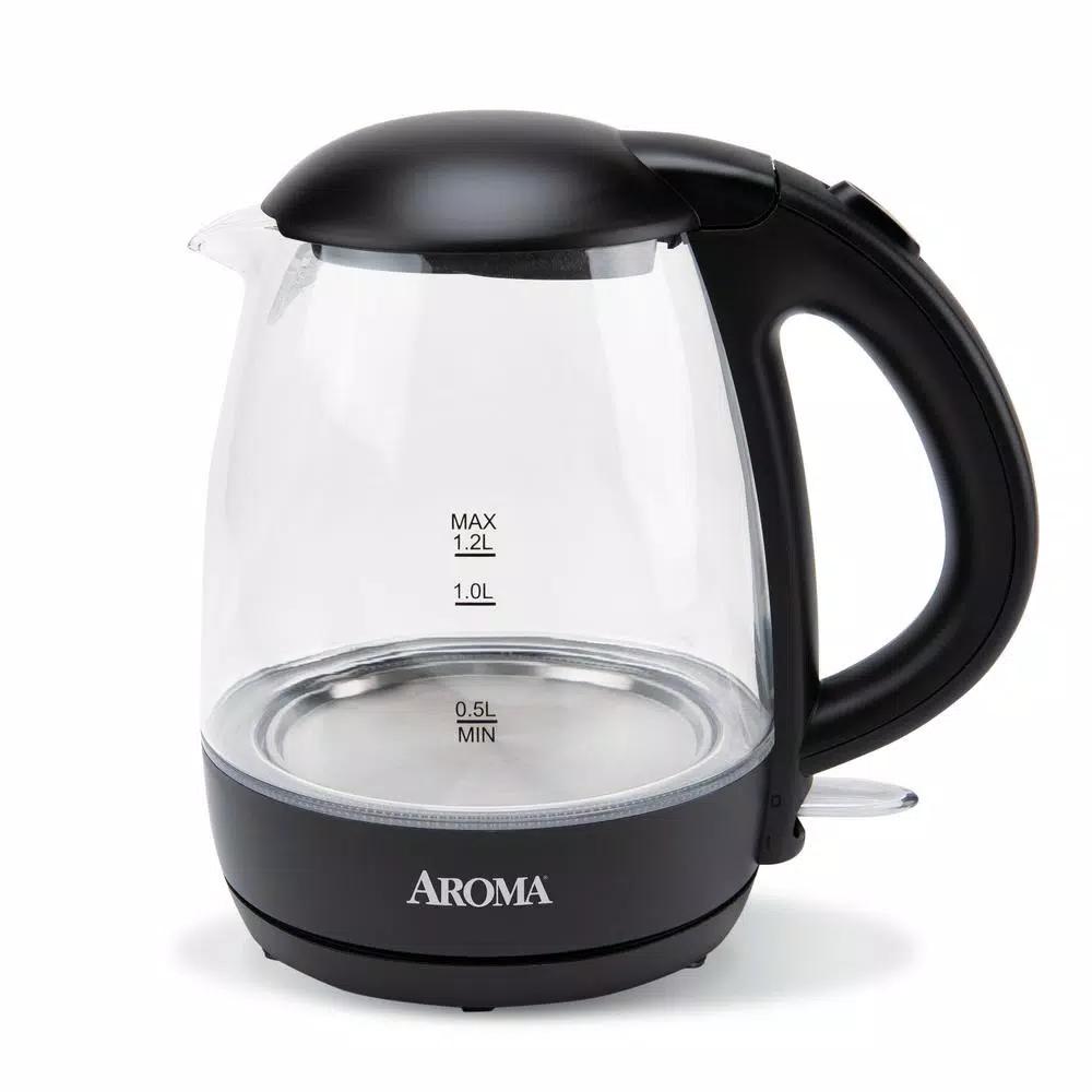 AROMA 5-Cup Black Glass Electric Kettle, 1.2L Cordless Pouring with Automatic Shut-Off