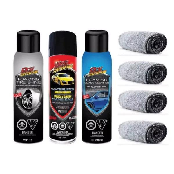 Dry Shine Waterless Car Wash Exterior Detailing Kit with 4 Dual Pile Microfiber Towels