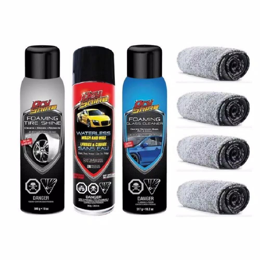 Dry Shine Waterless Car Wash Exterior Detailing Kit with 4 Dual Pile Microfiber Towels