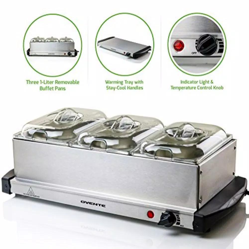 Ovente FW153W 3-Tray Buffet Server with Stand-Alone Warming Tray, Stainless Steel
