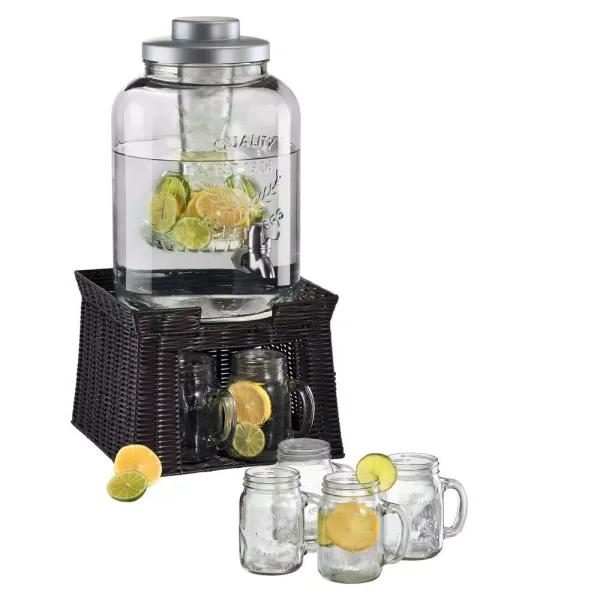 Artland Masonware 3 Gal. Beverage Dispenser Set with Faux Wicker Stand and 6 Mason Jar Mugs