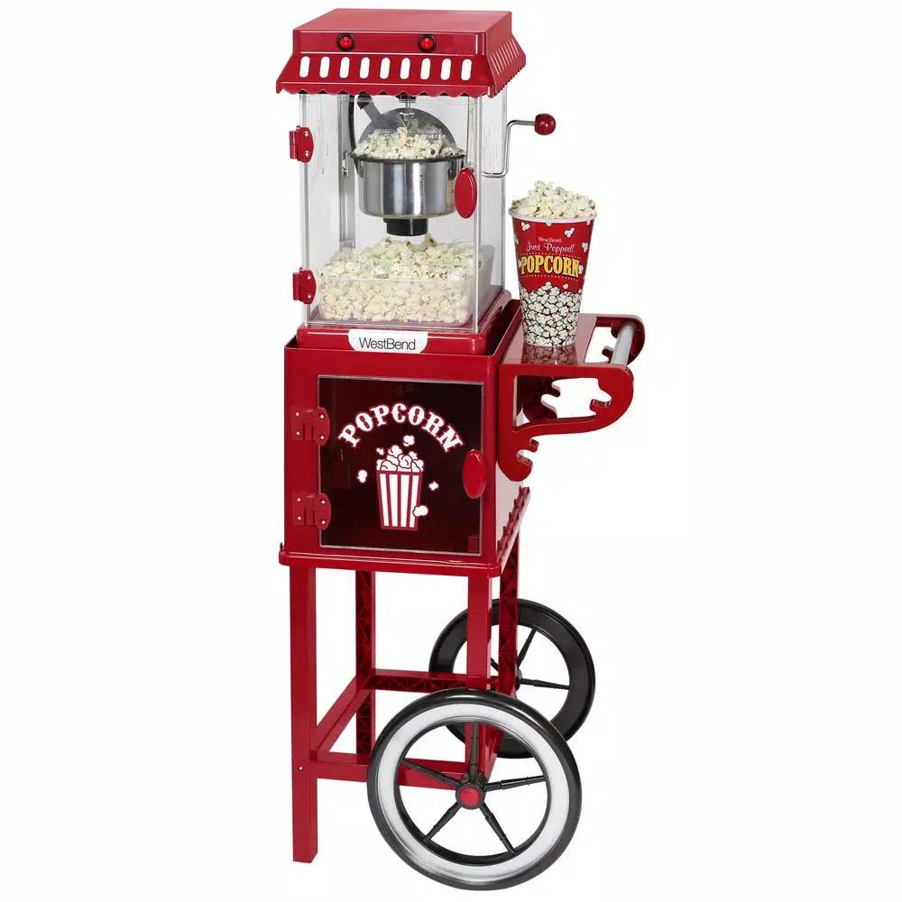 West Bend Popcorn Cart Popcorn Popper with 2.5 oz Non-Stick Stainless Steel Kettle, Red