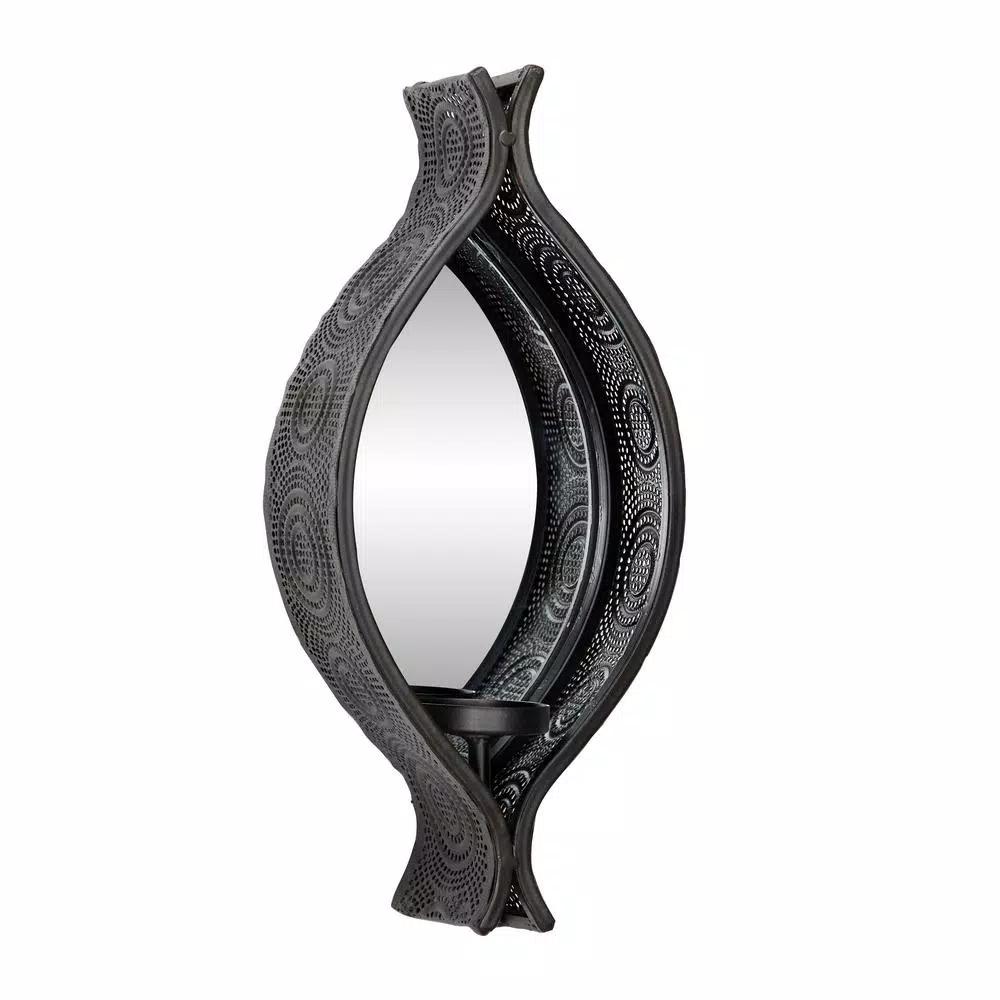LITTON LANE Eclectic Black Metal Mesh Ellipse Wall Sconces with Mirror Inlays, Set of 2