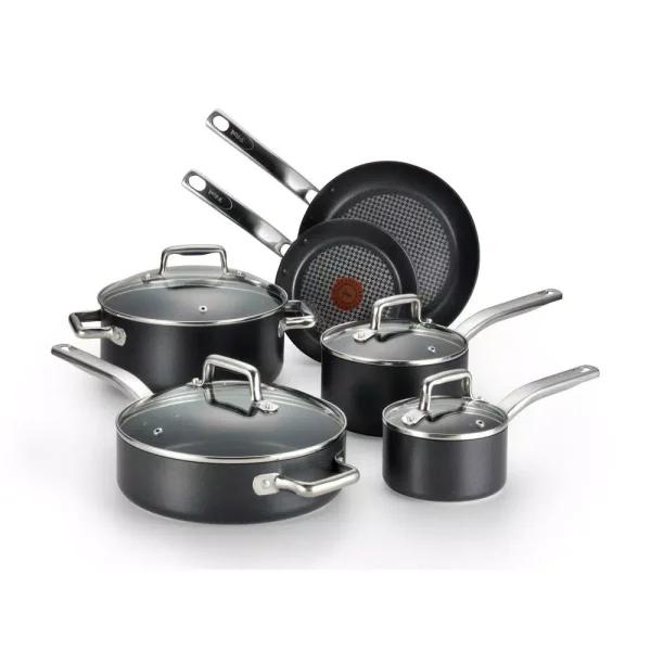 T-fal Prograde 10-Piece Aluminum Nonstick Cookware Set with Hard Titanium Reinforcement, Gray