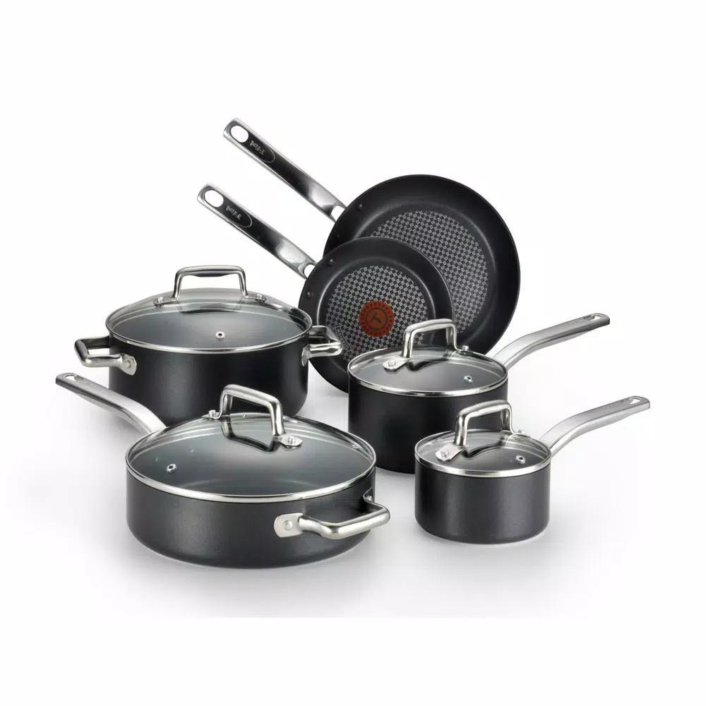 T-fal Prograde 10-Piece Aluminum Nonstick Cookware Set with Hard Titanium Reinforcement, Gray