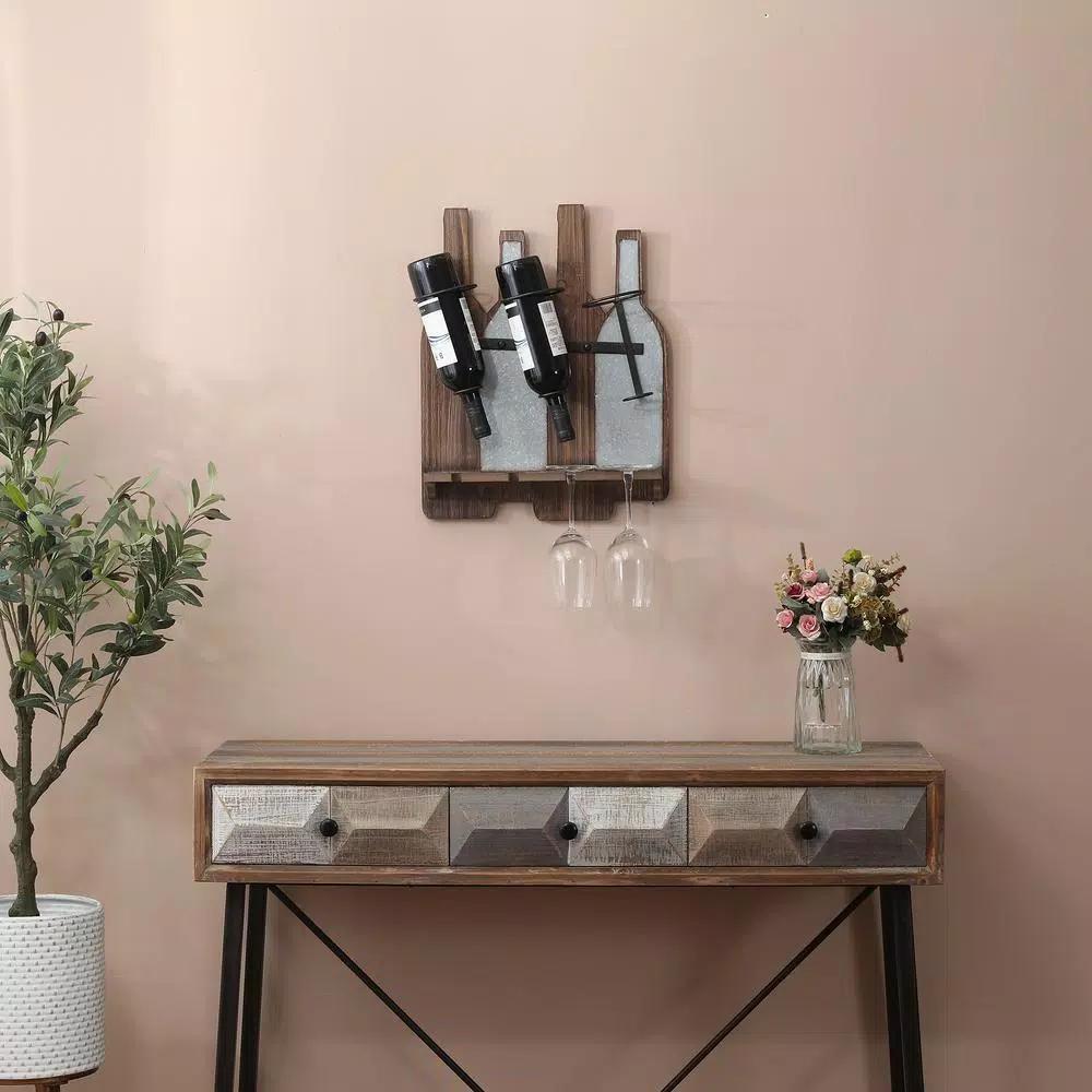 Luxen Home Rustic Wood & Metal Wall Mounted Wine Rack - Holds 3 Bottles & 4 Glasses