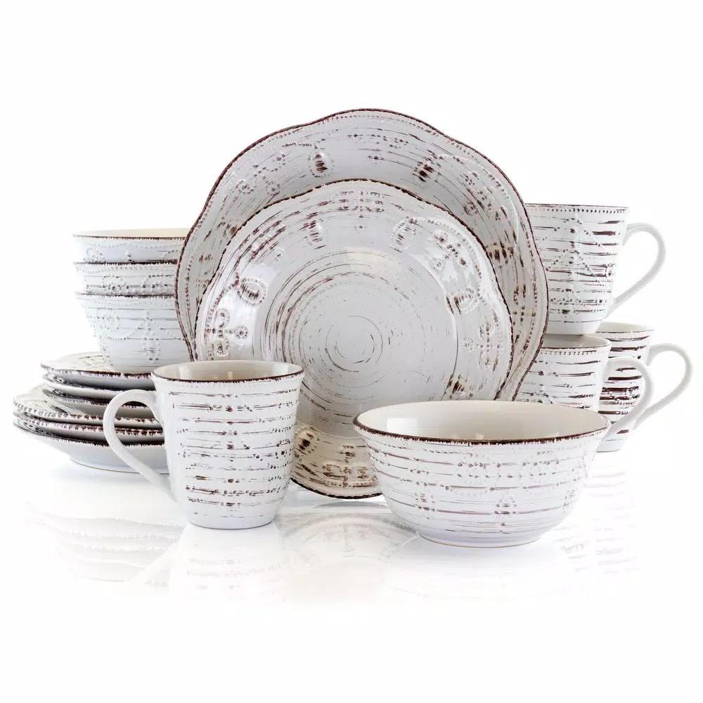 Elama Rustic Birch 16-Piece Stoneware Dinnerware Set, Service for 4