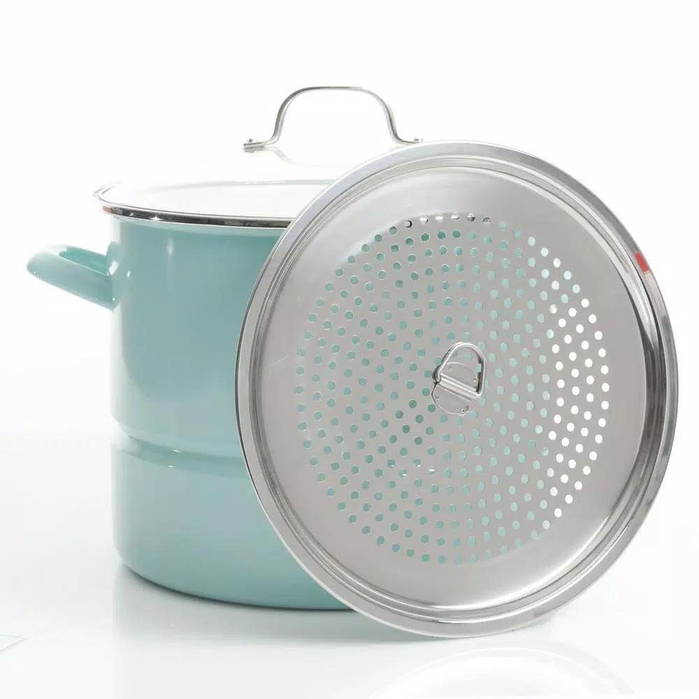 Kenmore 16-Quart Steel Stock Pot Set with Steamer Insert and Glass Lid, Broadway Blue