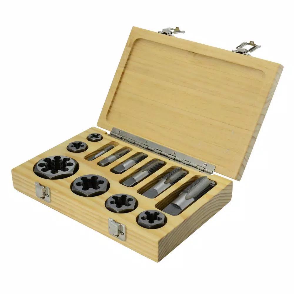 Drill America 12-Piece Carbon Steel NPT Pipe Tap and Die Set with Wooden Case