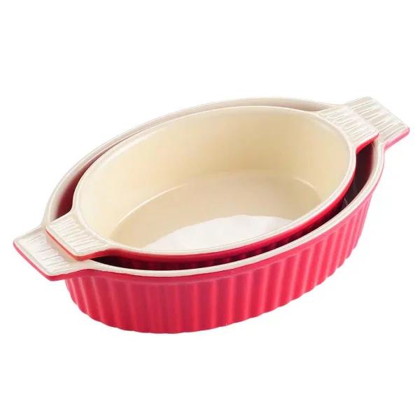 MALACASA Red Oval Porcelain Bakeware Set, 2-Piece Ceramic Baking Dish Pans (9.5 in. and 11.25 in.)