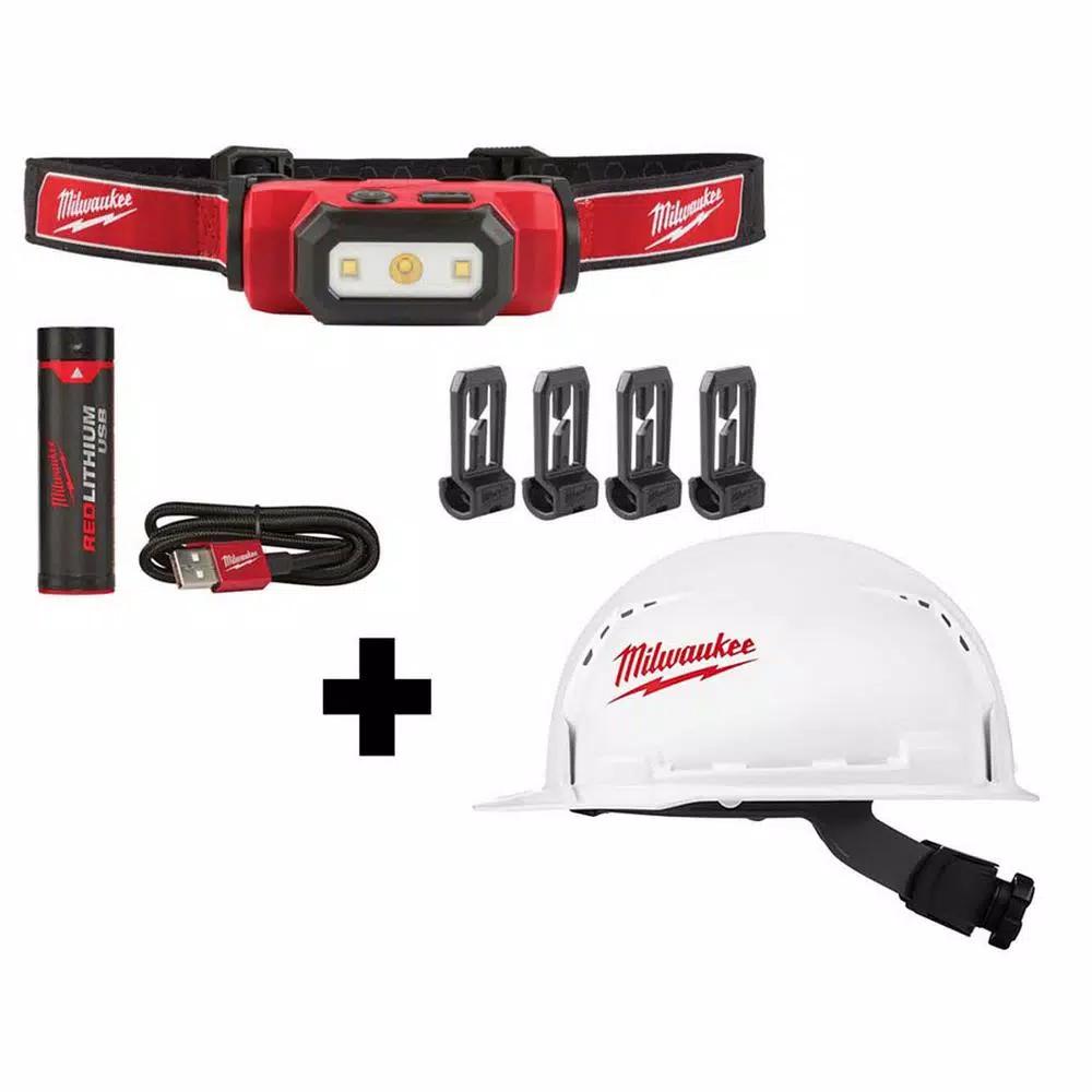 Milwaukee 475 Lumens LED Rechargeable Hard Hat Headlamp with BOLT White Type 1 Class C Vented Hard Hat
