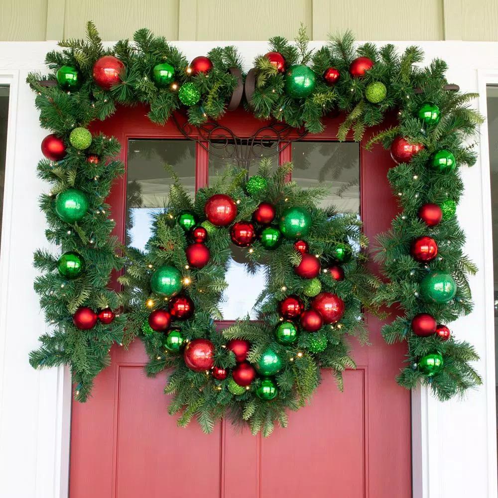 Village Lighting Company 30 in. Pre-Lit LED Christmas Cheer Wreath with 50 Warm White Lights and Remote Control