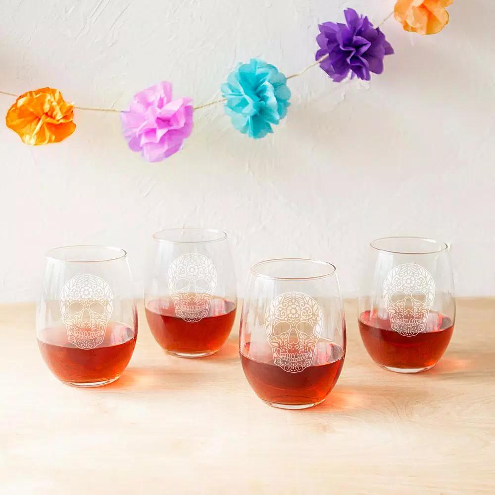 Cathy's Concepts Sugar Skull 21 oz. Stemless Wine Glasses, Set of 4, Clear Glass