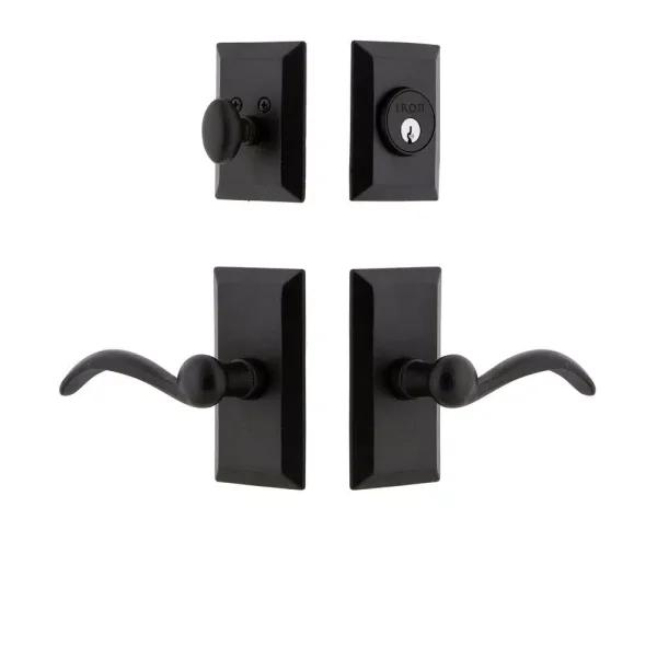 Unbranded Vale Black Iron Door Handleset Combo Pack with Tine Lever and Deadbolt