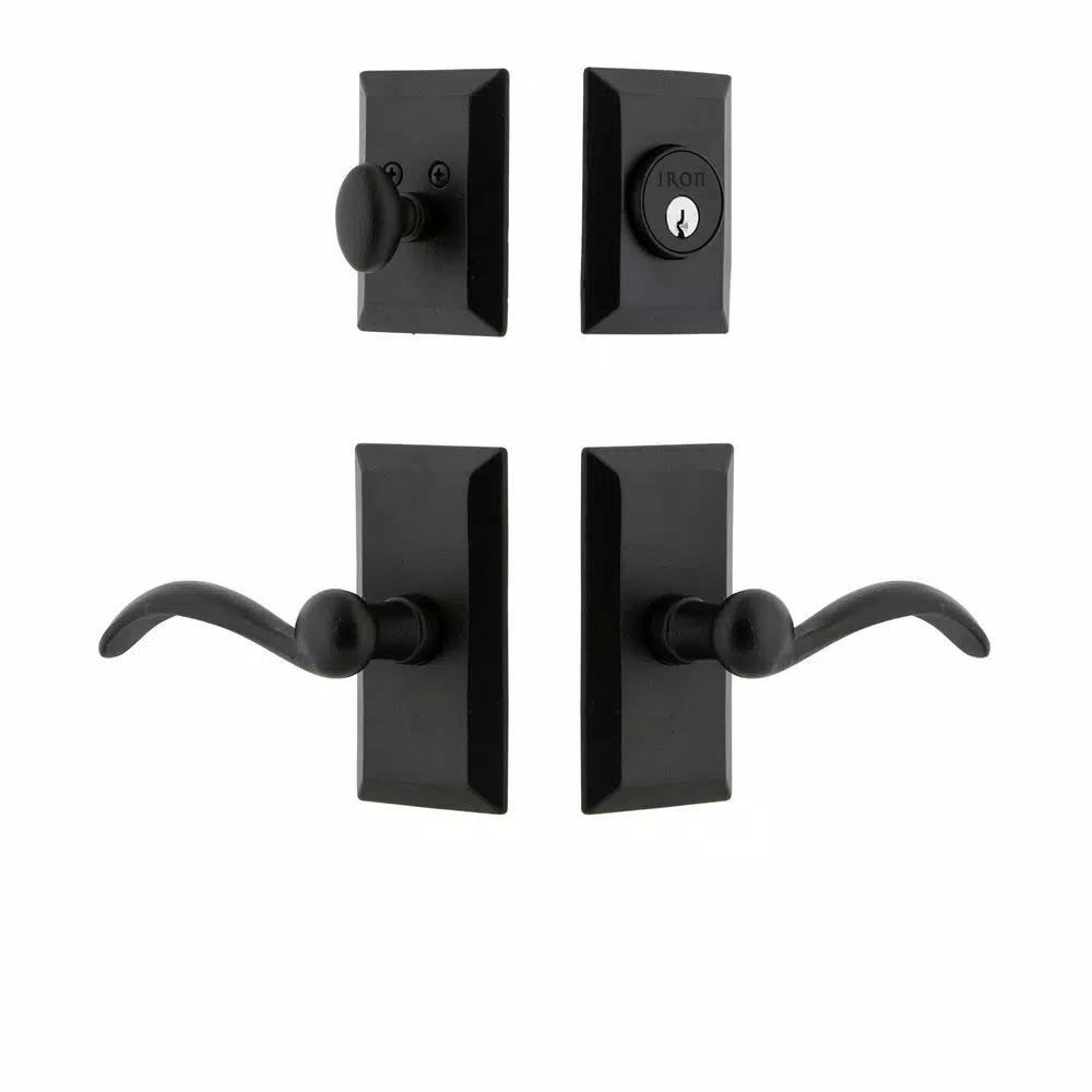 Unbranded Vale Black Iron Door Handleset Combo Pack with Tine Lever and Deadbolt