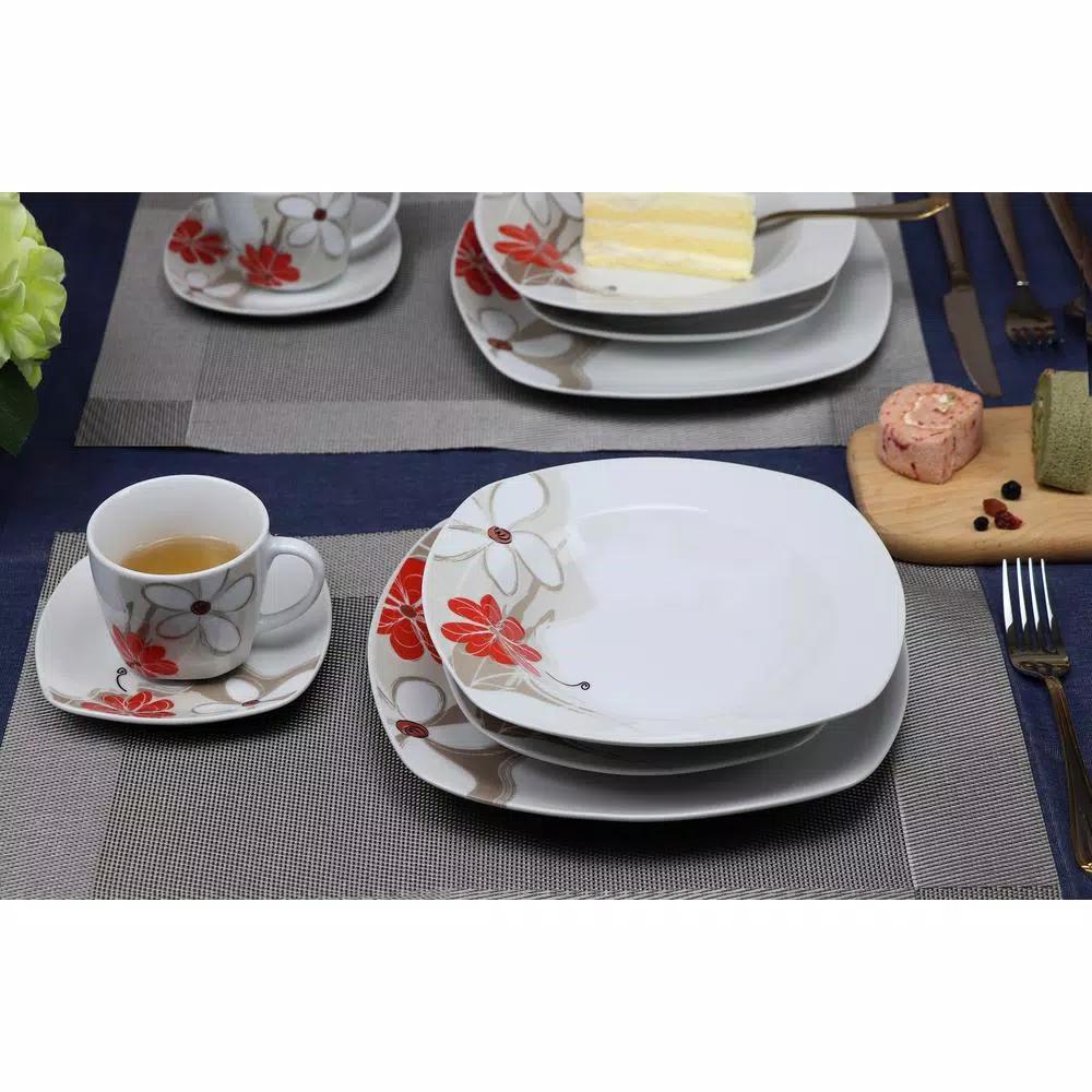 Lorren Home Trends 16-Piece Square Porcelain Dinnerware Set, Red and Tan Floral Design, Service for 4