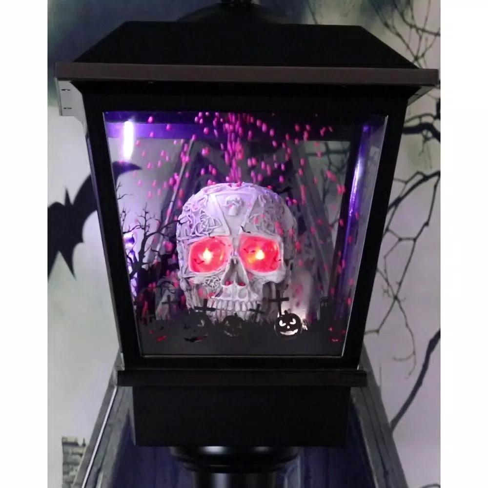 Haunted Hill Farm 71 in. Black Animated Skull Lamp Post with Spooky Music