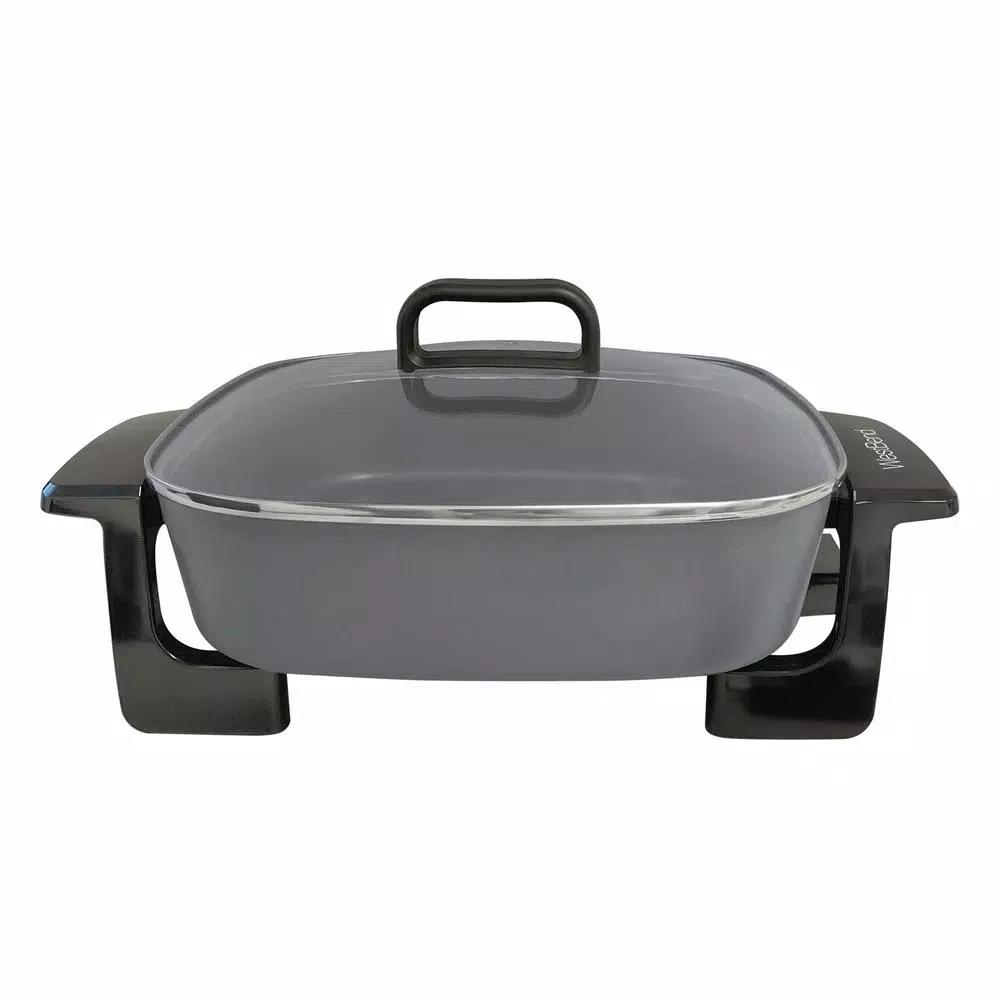 West Bend 12 in. Gray Square Electric Skillet with Grease Channel and Tilt Leg
