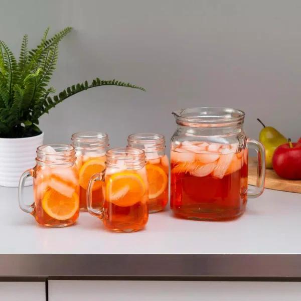 Unbranded Clear Glass Beverage Serveware Set - 2L Pitcher and 4 Matching Mugs